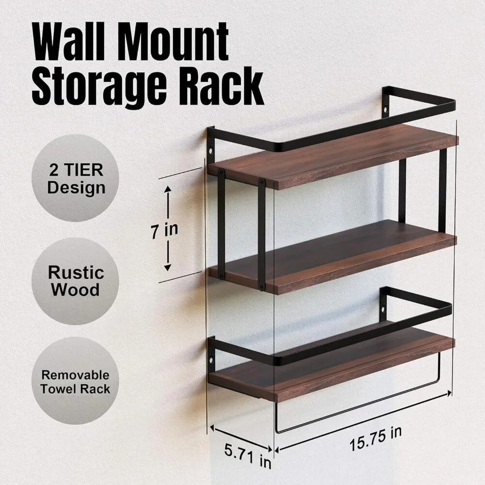 HOUSE 2+1 Tier Wall Mounted Floating Shelves Set of 2, Rustic Wood Shelf